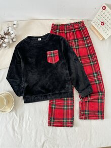 SHEIN 2pcs Tween Boy Black Plush Top And Red & Green Plaid Plush Pants Loungewear Set, Suitable For Home, Christmas, Party, New Year - Multicolor - View 8