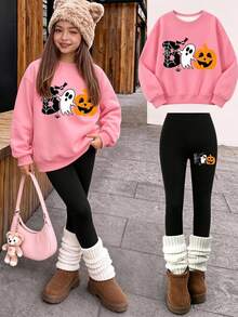 Tween Girls Pink Crew Neck Sweatshirt Set, Personalized Print, Halloween Elements, Suitable For Autumn/Winter, Casual Cute Cow Boy Wear, Wedding Black - Multicolor - View 1