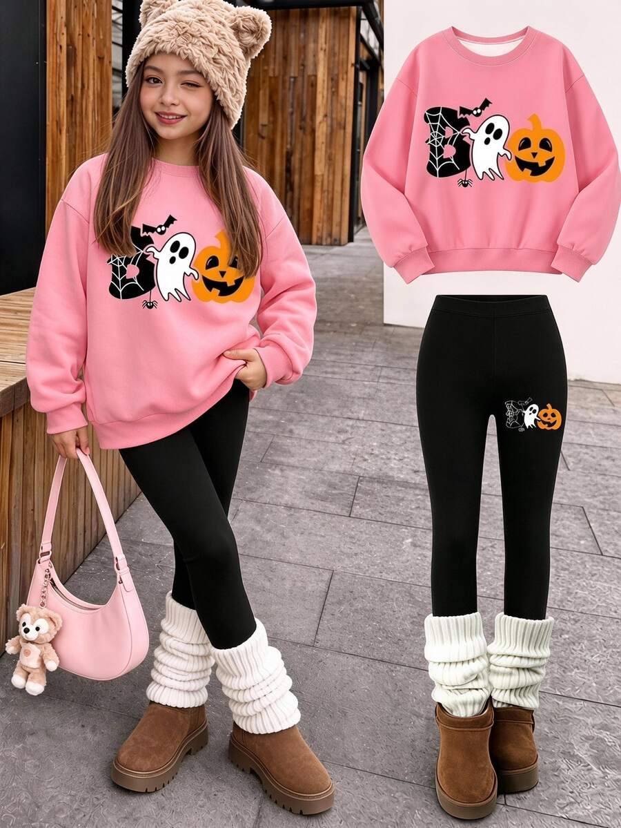 Tween Girls Pink Crew Neck Sweatshirt Set, Personalized Print, Halloween Elements, Suitable For Autumn/Winter, Casual Cute Cow Boy Wear, Wedding Black - Multicolor - View 1