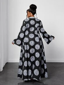 Maweii European Women's Plus Size V-Neck Colorblock Slimming Large Polka Dot Print A-Line Pocket Flared Sleeve Mid-Length Dress - Black - View 2