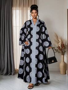 Maweii European Women's Plus Size V-Neck Colorblock Slimming Large Polka Dot Print A-Line Pocket Flared Sleeve Mid-Length Dress - Black - View 1