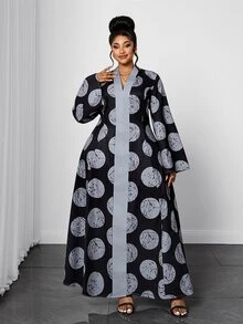 Maweii European Women's Plus Size V-Neck Colorblock Slimming Large Polka Dot Print A-Line Pocket Flared Sleeve Mid-Length Dress - Black - View 4