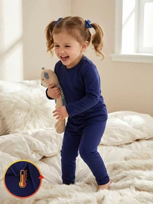 2pcs/Set Young Girl Navy Blue Knitted Turtleneck Long Sleeve Top And Leggings Thermal Underwear Set, Autumn/Winter - Navy Blue - View 9