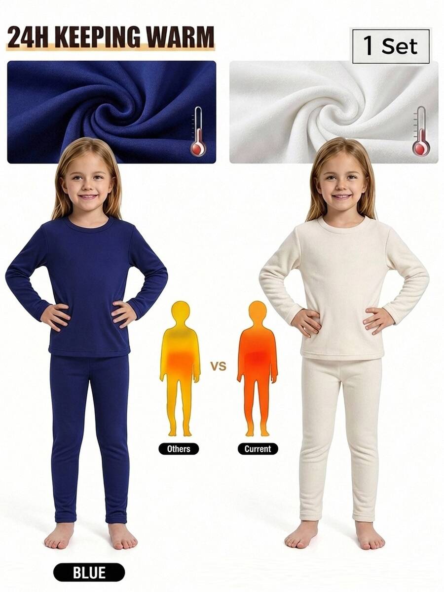 2pcs/Set Young Girl Navy Blue Knitted Turtleneck Long Sleeve Top And Leggings Thermal Underwear Set, Autumn/Winter - Navy Blue - View 1