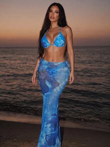 SHEIN Swim 3pcs Women Flower Printed Strappy Triangle Swimwear & Sarong, Summer Regular Cut Bikini Set - Blue - View 3