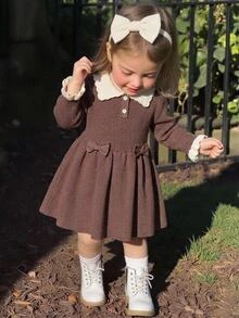 SHEIN 6 Months To 3 Years Baby Girl Knitted Sweater Dress, Contrast Color Wavy Collar With Bow Decor, Long Sleeve Ruffle Cuff, Soft And Skin-Friendly, Suitable For Spring And Autumn Daily Outings, 1st Birthday Photo Shoot Princess Dress - Brown - View 1