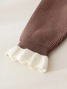 SHEIN 6 Months To 3 Years Baby Girl Knitted Sweater Dress, Contrast Color Wavy Collar With Bow Decor, Long Sleeve Ruffle Cuff, Soft And Skin-Friendly, Suitable For Spring And Autumn Daily Outings, 1st Birthday Photo Shoot Princess Dress - Brown - View 8