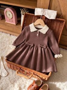 SHEIN 6 Months To 3 Years Baby Girl Knitted Sweater Dress, Contrast Color Wavy Collar With Bow Decor, Long Sleeve Ruffle Cuff, Soft And Skin-Friendly, Suitable For Spring And Autumn Daily Outings, 1st Birthday Photo Shoot Princess Dress - Brown - View 3