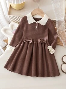 SHEIN 6 Months To 3 Years Baby Girl Knitted Sweater Dress, Contrast Color Wavy Collar With Bow Decor, Long Sleeve Ruffle Cuff, Soft And Skin-Friendly, Suitable For Spring And Autumn Daily Outings, 1st Birthday Photo Shoot Princess Dress - Brown - View 10