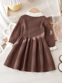 SHEIN 6 Months To 3 Years Baby Girl Knitted Sweater Dress, Contrast Color Wavy Collar With Bow Decor, Long Sleeve Ruffle Cuff, Soft And Skin-Friendly, Suitable For Spring And Autumn Daily Outings, 1st Birthday Photo Shoot Princess Dress - Brown - View 2