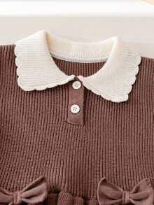 SHEIN 6 Months To 3 Years Baby Girl Knitted Sweater Dress, Contrast Color Wavy Collar With Bow Decor, Long Sleeve Ruffle Cuff, Soft And Skin-Friendly, Suitable For Spring And Autumn Daily Outings, 1st Birthday Photo Shoot Princess Dress - Brown - View 5