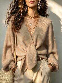 SHEIN Heather Beige Knotted Front Knit Top, Loose Balloon Sleeve Cropped Sweater, Soft Casual V Neck Knitw - Ginger - View 3