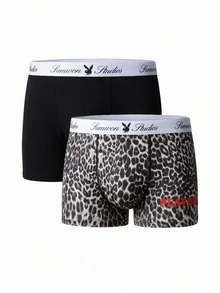 PLAYBOY X SUMWON Collab Boxer Briefs 2-Pack With Branded Waistband Leopard Print And Solid Everyday Underwear - Multicolor - View 1