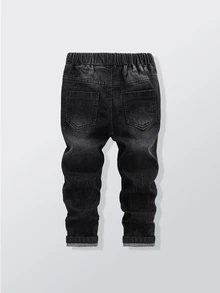 SHEIN Young Boy Drawstring Waist Washed Ripped Jeans Fall Cowboy - Black - View 3