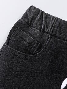 SHEIN Young Boy Drawstring Waist Washed Ripped Jeans Fall Cowboy - Black - View 5