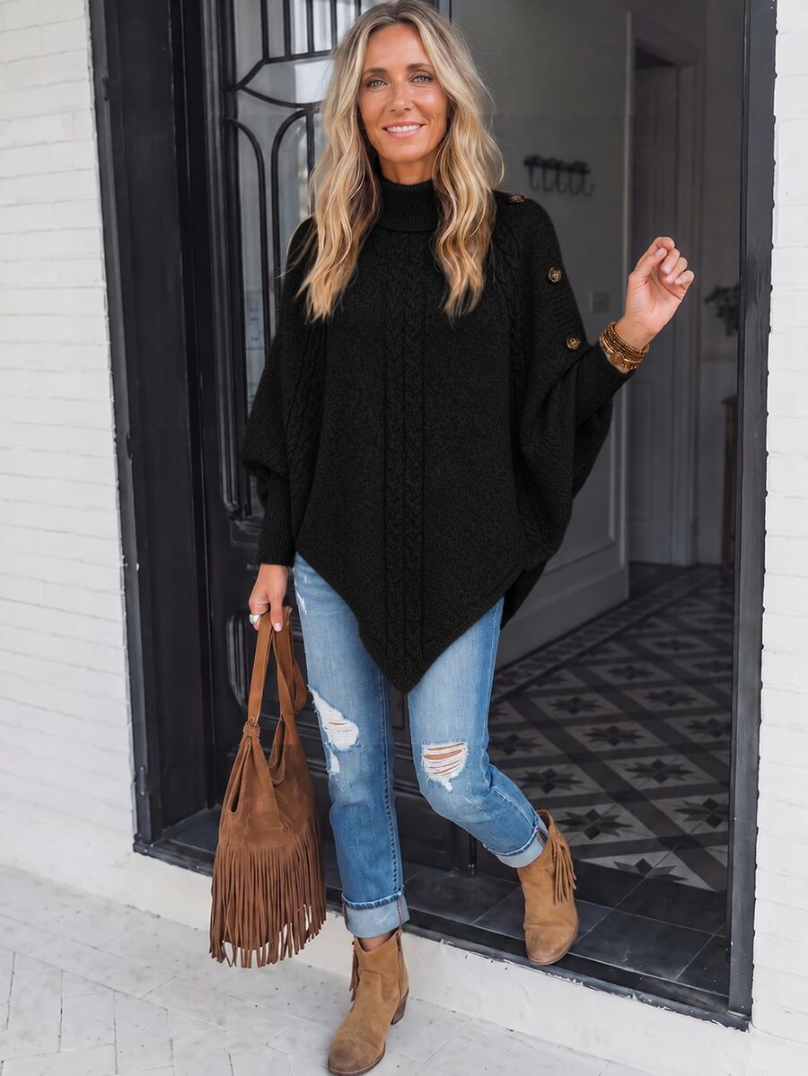 EMERY ROSE Turtleneck Batwing Sleeve Button Detail Poncho Sweater,Long Sleeve Tops Knit Pullover Fall Winter Sweater - Black - View 1
