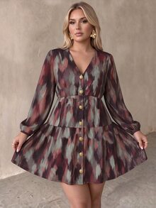 Auralis Plus Size Tie-Dye Button Long Sleeve V-Neck Dress - Multicolor - View 4