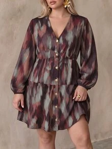 Auralis Plus Size Tie-Dye Button Long Sleeve V-Neck Dress - Multicolor - View 3