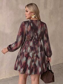 Auralis Plus Size Tie-Dye Button Long Sleeve V-Neck Dress - Multicolor - View 2