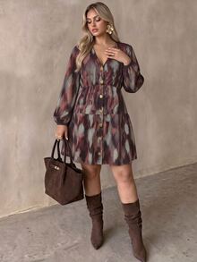 Auralis Plus Size Tie-Dye Button Long Sleeve V-Neck Dress - Multicolor - View 5