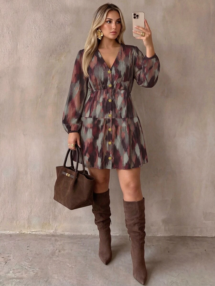 Auralis Plus Size Tie-Dye Button Long Sleeve V-Neck Dress - Multicolor - View 1