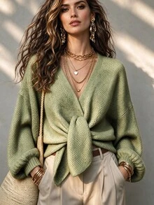 SHEIN Heather Beige Knotted Front Knit Top, Loose Balloon Sleeve Cropped Sweater, Soft Casual V Neck Knitw - Army Green - View 1
