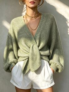 SHEIN Heather Beige Knotted Front Knit Top, Loose Balloon Sleeve Cropped Sweater, Soft Casual V Neck Knitw - Army Green - View 4
