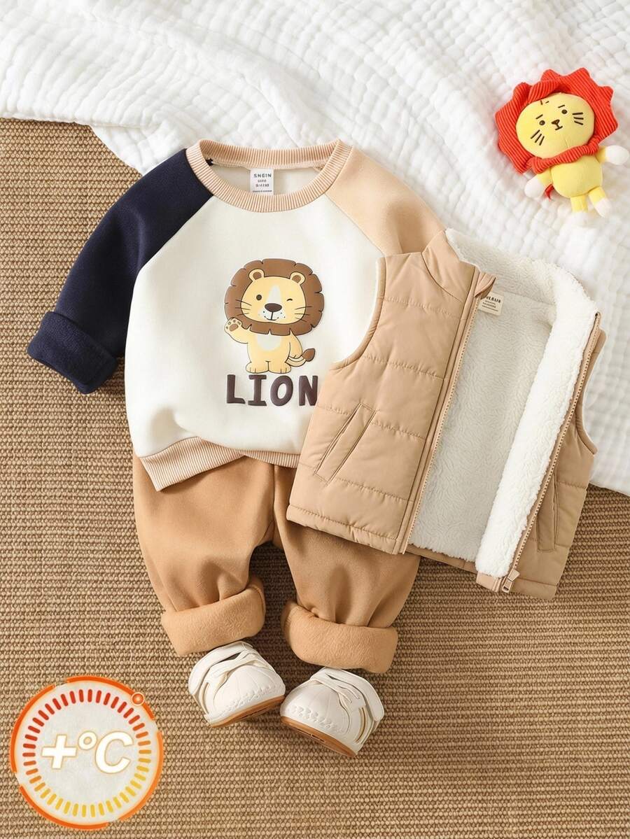 Baby Boy Cartoon Animal Pattern Knit Soft Crew Neck Long Sleeve Pullover Sweatshirt Elastic Waist Cuffed Pants 2 Pieces Set Versatile Comfortable - Multicolor - View 1