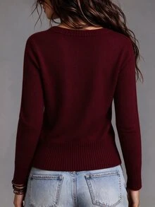 LUMIGAL 女款純色長袖拿破崙休閒針織開襟衫 - 酒紅色 - 查看 2