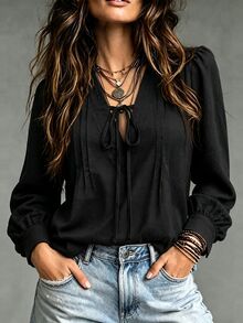 LUMIGAL V-Neck Tie Neckline Ruched Chest Casual Versatile Long Sleeve Autumn Women's Blouse - Black - View 3