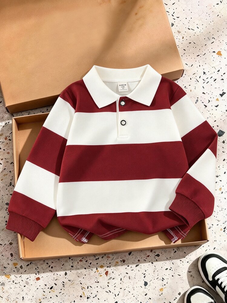 SHEIN Explorewe Little Boys Red White Wide Stripe Polo Top, Contrast Collar Button Down Casual Top, Preppy Style School Casual Wear Daily Fall Winter Casual Top - Multicolor - View 1