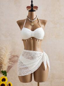 SHEIN Swim Plus Size Women 3 Pieces Set Soft Pastel Boho Elegant Flapper 1920s Shell Halter Bikini Swimsuit Cover-Up Skirt Beach Vacation Summer Party All White - Beige - View 6