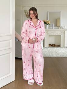 Slumberry CURVE Plus Size Women Plaid Bow Decor Long Sleeve Top And Pants Casual Daily Home Sleepwear Set - Multicolor - View 11