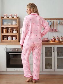 Slumberry CURVE Plus Size Women Plaid Bow Decor Long Sleeve Top And Pants Casual Daily Home Sleepwear Set - Multicolor - View 2