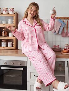 Slumberry CURVE Plus Size Women Plaid Bow Decor Long Sleeve Top And Pants Casual Daily Home Sleepwear Set - Multicolor - View 9
