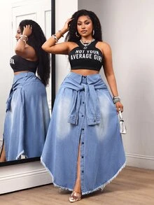Slaydiva Women's Pleated Casual Versatile Daily Denim Skirt - Blue - View 5
