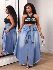 Slaydiva Women's Pleated Casual Versatile Daily Denim Skirt - Blue - View 4
