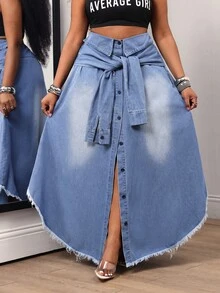 Slaydiva Women's Pleated Casual Versatile Daily Denim Skirt - Blue - View 1