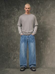 Manfinity Roghcode Men's Casual Everyday Washed Slant Pocket Loose Fit Jeans - Light Wash - View 6