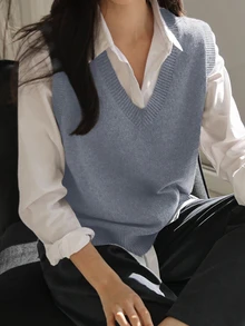DAZY Chaleco De Suéter Sólido Con Cuello En V Y Sin Blusa - Azul - Ver 1