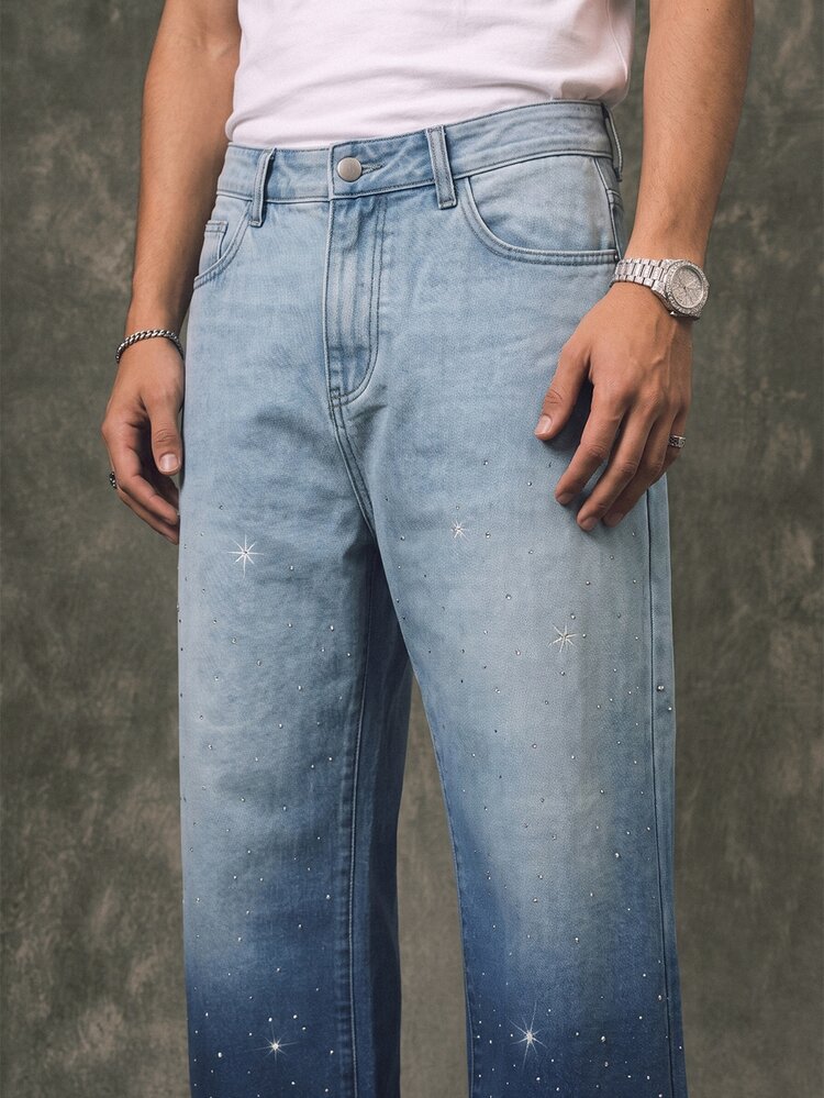 GENIUS ODE Men's High Street American Streetwear Gradient Washed Rhinestone Embellished Loose Wide Leg Pants - Medium Wash - View 4