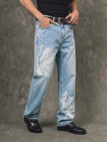 Manfinity Roghcode Men's Vintage Washed Floral Print Loose Straight Leg Jeans - Light Wash - View 5
