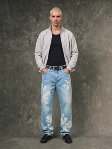 Manfinity Roghcode Men's Vintage Washed Floral Print Loose Straight Leg Jeans - Light Wash - View 1