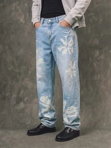 Manfinity Roghcode Men's Vintage Washed Floral Print Loose Straight Leg Jeans - Light Wash - View 3