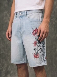 GALLERY FADE 男士夏季時尚街頭休閒通勤淺色水洗數位印花牛仔短褲，不含腰帶，度假款 - 藍色 - 查看 6