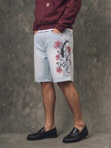 GALLERY FADE 男士夏季時尚街頭休閒通勤淺色水洗數位印花牛仔短褲，不含腰帶，度假款 - 藍色 - 查看 1