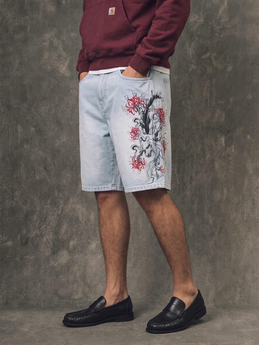 GALLERY FADE 男士夏季時尚街頭休閒通勤淺色水洗數位印花牛仔短褲,不含腰帶,度假款 - 藍色 - 查看 1