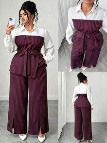 Elenzga Plus Size Burgundy Vertical Striped Colorblock 2 Pieces Set, Faux 2-Piece Long Sleeve Collared Shirt With High Waist Side Slit Wide Leg Pants, Cinched Waist Design, Suitable For Spring/Autumn, Business Meetings, Parties And Outings, Inclusive Fashion Outfit - Brown - View 2