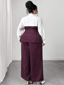 Elenzga Plus Size Burgundy Vertical Striped Colorblock 2 Pieces Set, Faux 2-Piece Long Sleeve Collared Shirt With High Waist Side Slit Wide Leg Pants, Cinched Waist Design, Suitable For Spring/Autumn, Business Meetings, Parties And Outings, Inclusive Fashion Outfit - Brown - View 4