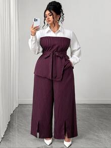 Elenzga Plus Size Burgundy Vertical Striped Colorblock 2 Pieces Set, Faux 2-Piece Long Sleeve Collared Shirt With High Waist Side Slit Wide Leg Pants, Cinched Waist Design, Suitable For Spring/Autumn, Business Meetings, Parties And Outings, Inclusive Fashion Outfit - Brown - View 3